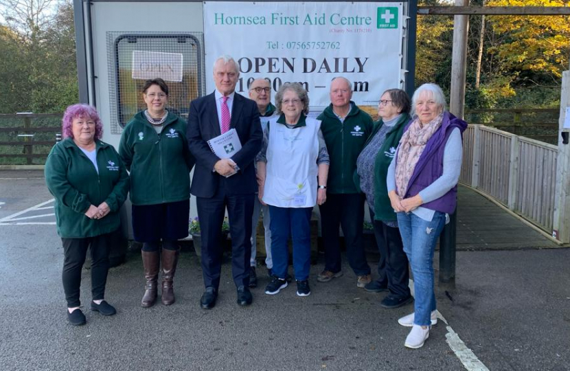 Alex, Michelle, Graham Stuart MP, Andy Bullard, Rosie Bullard, Jeremy, Jackie and June Greensmith at Hornsea First Aid Centre