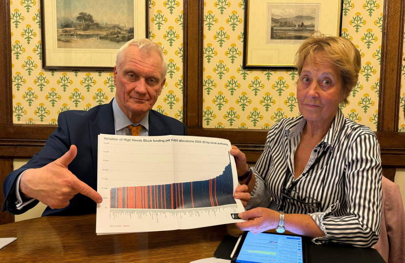 Graham Stuart and Cllr Victoria Aitken with the graph showing that the East Riding receives the lowest allocation of High Need Block funding per pupil for SEND provision of any local authority in England.